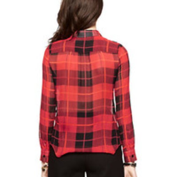 Kate Spade plaid ruffled semi-sheer blouse red black plaid size 4 - Picture 6 of 10